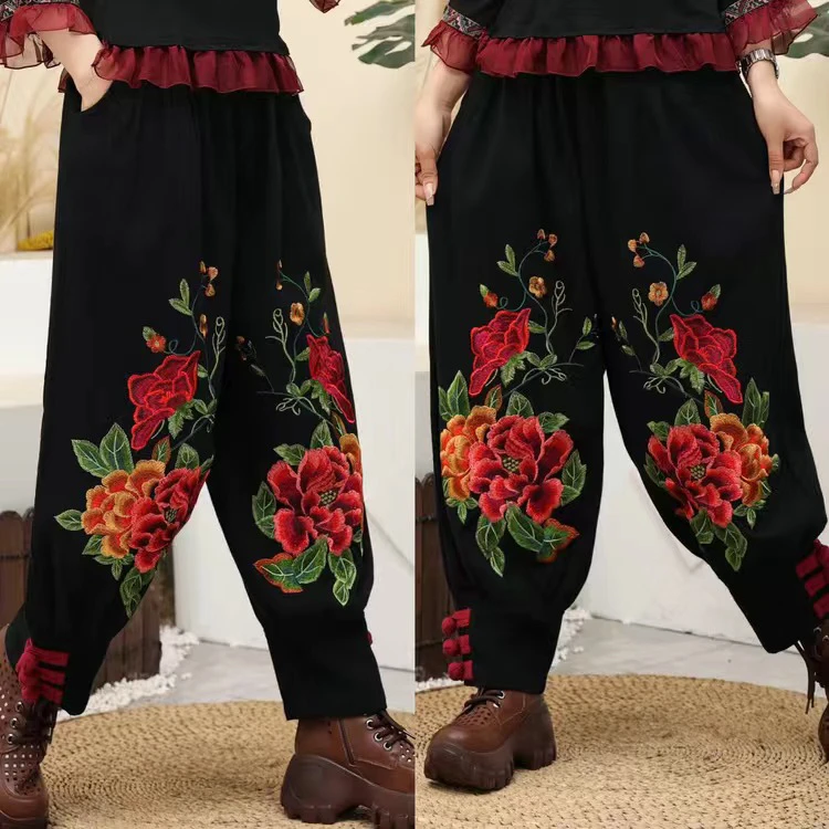 

Large Size Lantern Pants Pure Cotton Denim Ethnic Sle Embroidered Loose Fit Nine Points Casual Long Pants for Women