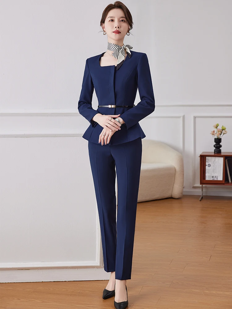 New Arrival Ladies Pant Suit Women Elegant Black Blue Female Business Work Wear Jacket Blazer and Trouser Formal 2 Piece Set