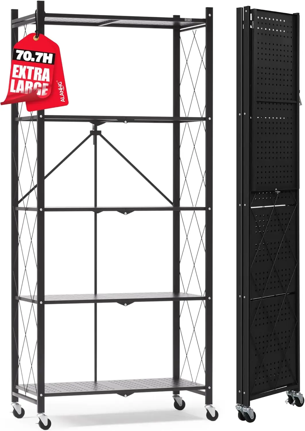 

70.7" H Metal Storage Shelves, 5 Tier Folding Shelf on Wheels, Heavy Duty, No Assembly, Rolling, Collapsible Rack Unit f