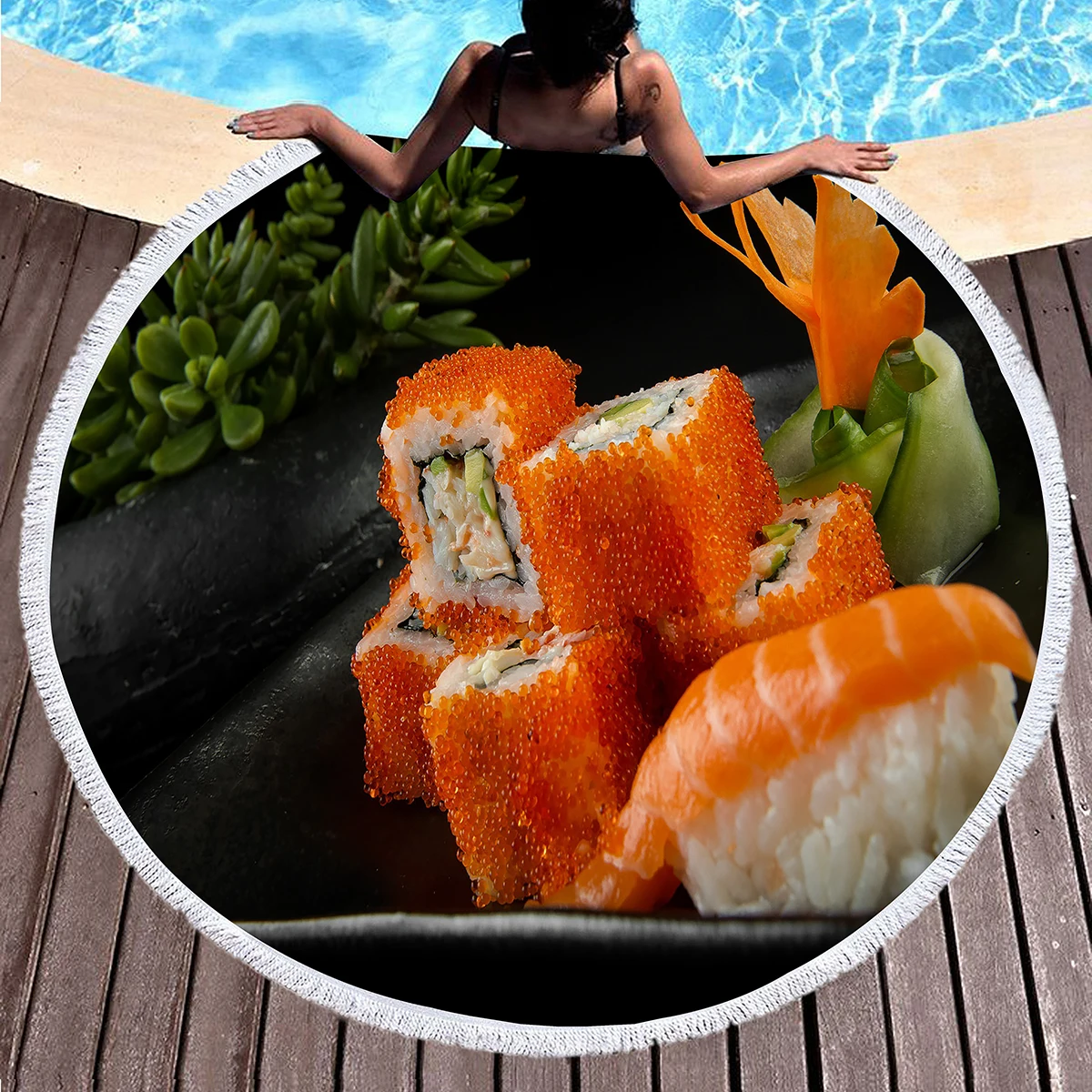 Delicious Japanese Sushi Print Round Beach Towel with Tassels,Microfiber Quick Drying Sand Free Circle Bath Towel Gift for Women