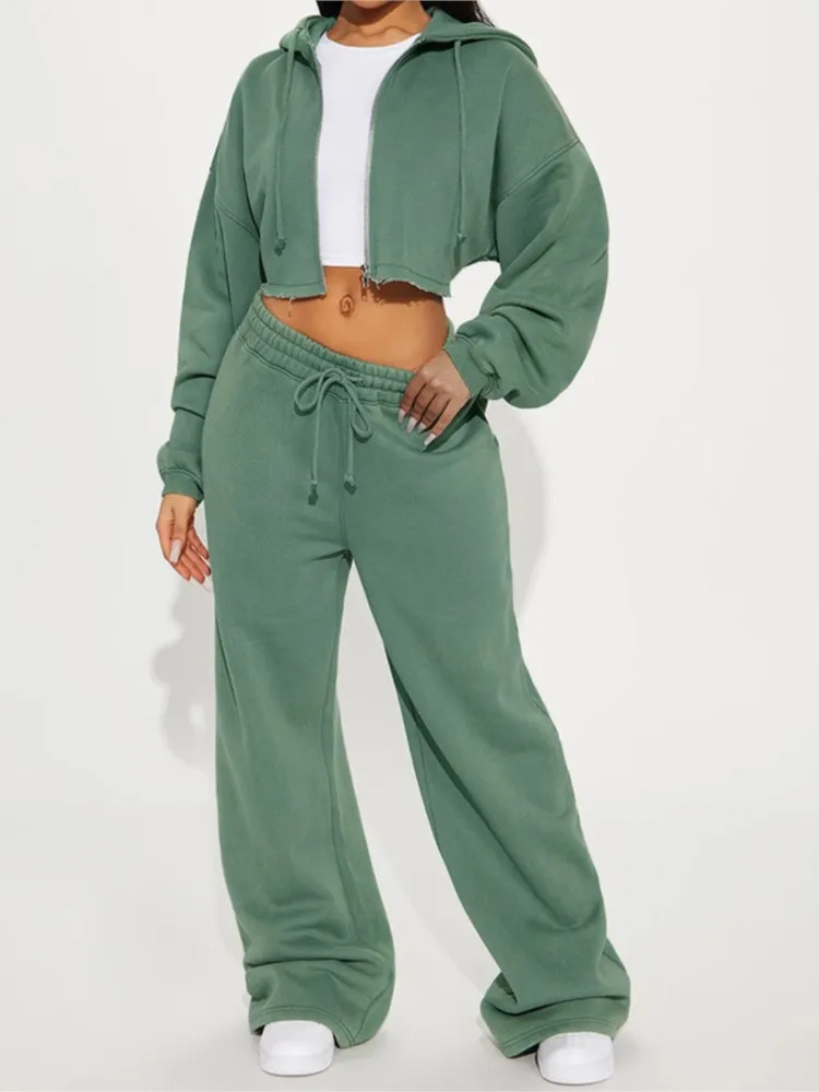 

Autumn Winter Woman's Two-piece Sports Set Fashion Hooded Hood Zipper Cardigan Long Pants Suit Lady Lace-up High-waisted Outfit