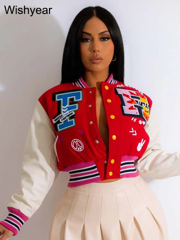 Casual Patchwork Letterman Jacket Women Varsity Letter Baseball Cropped Coat 2023 Fall Winter Clothes Y2K Streetwear Wholesale