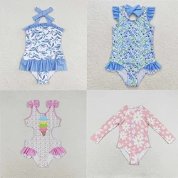 wholesale hot sale summer swimming western boutique baby girls clothes Ice cream pink lace bow white one-piece swimsuits