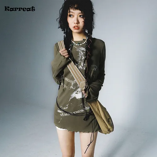 Karrcat Trashy Y2k-Tops de punto con estampado de grafiti japonés de los años 2000, camiseta de manga larga, Tops acanalados Vintage Harajuku, Wasteland Punk