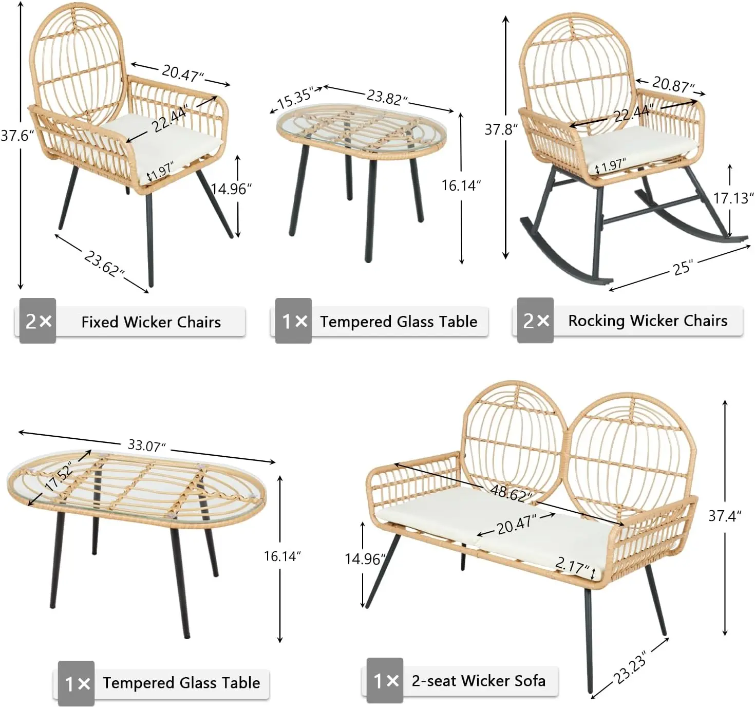 7-teilige Boho-Terrassenmöbel-Sets, gepolstertes Sitzsofa, gepolsterte Schaukel stühle, Beins tühle und Couch tisch