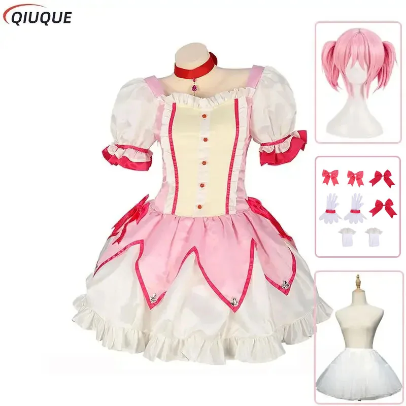 Puella Magi Madcontemplated Magica Cosplay Costume avec perruque, jupon, Oke Ame Madcontempled, robe de Rhcourte rose, tenue d'uniforme de fête d'Halloween