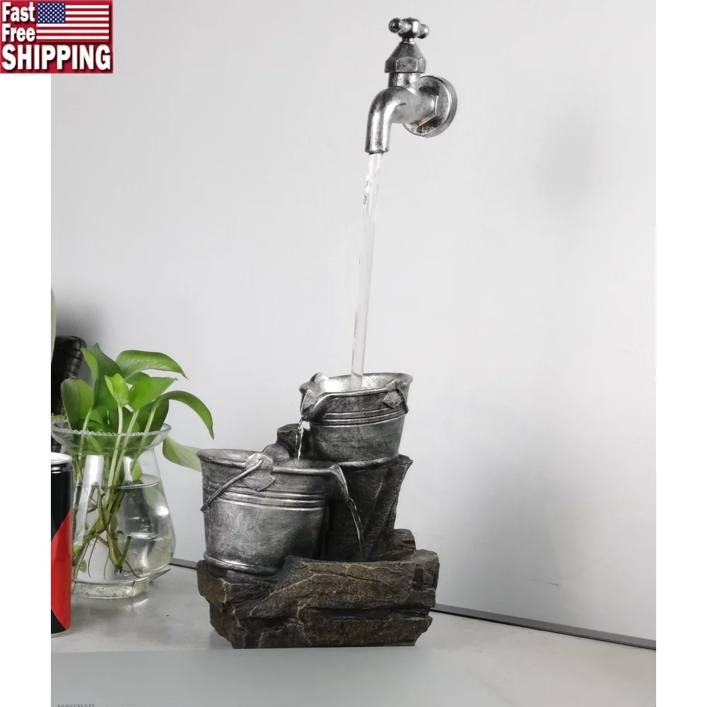 

Indoor Floating Faucet Barrel Tabletop Fountain Polyresin with LED Light Electric Pump Relaxing Water Feature Home Office Decor