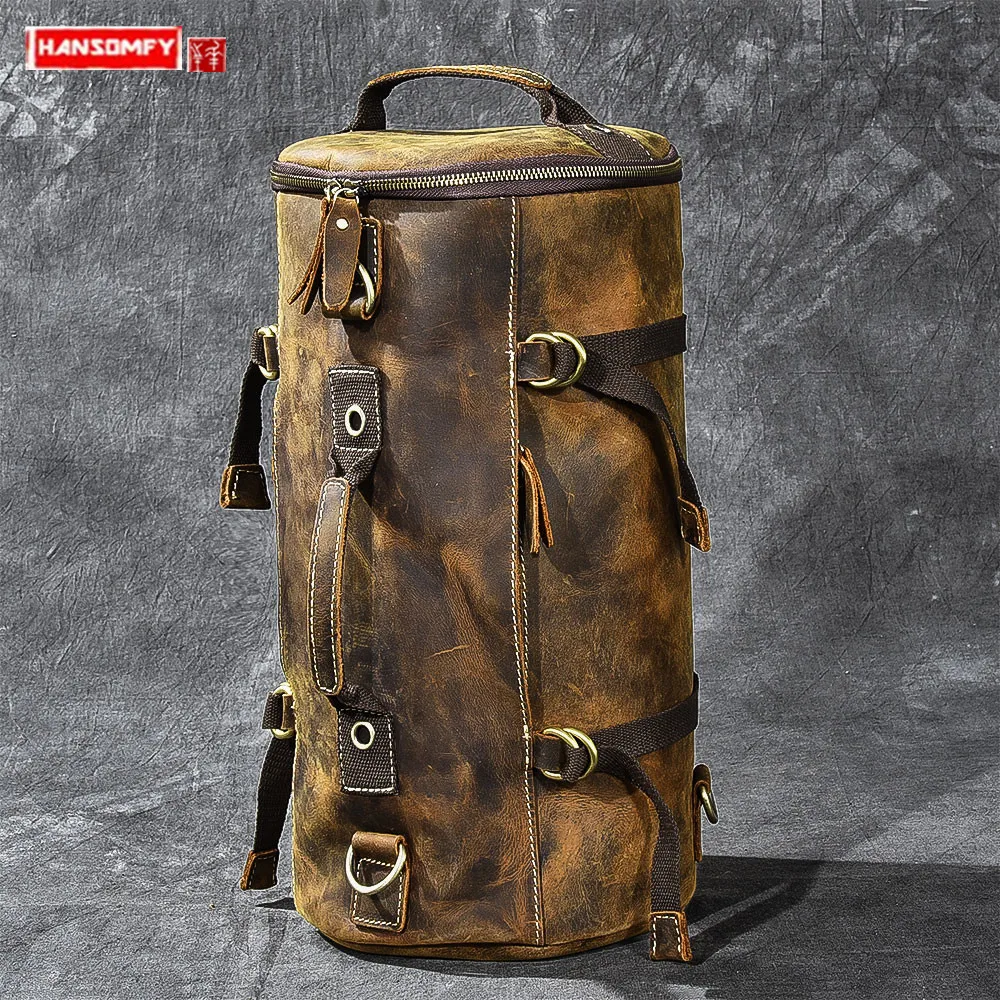 

Genuine Leather Backpack Men Handbag Shoulder Crossbody Bag Male Small Travel Back Pack Bucket Bags Crazy Horse Leather