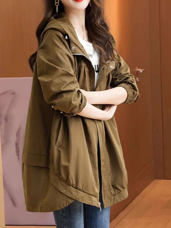 

plus Size Women's Hooded Jaet Coat Medium Length Spring New Sle Slimming Loose Casual Outerwear Korean Sle Commute