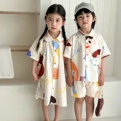 Brother and Sister Outfit Children's Summer Set Cartoon Graffiti Boys Lapel Shirt and Shorts Casual 2Pcs Suit Girls Loose Dress