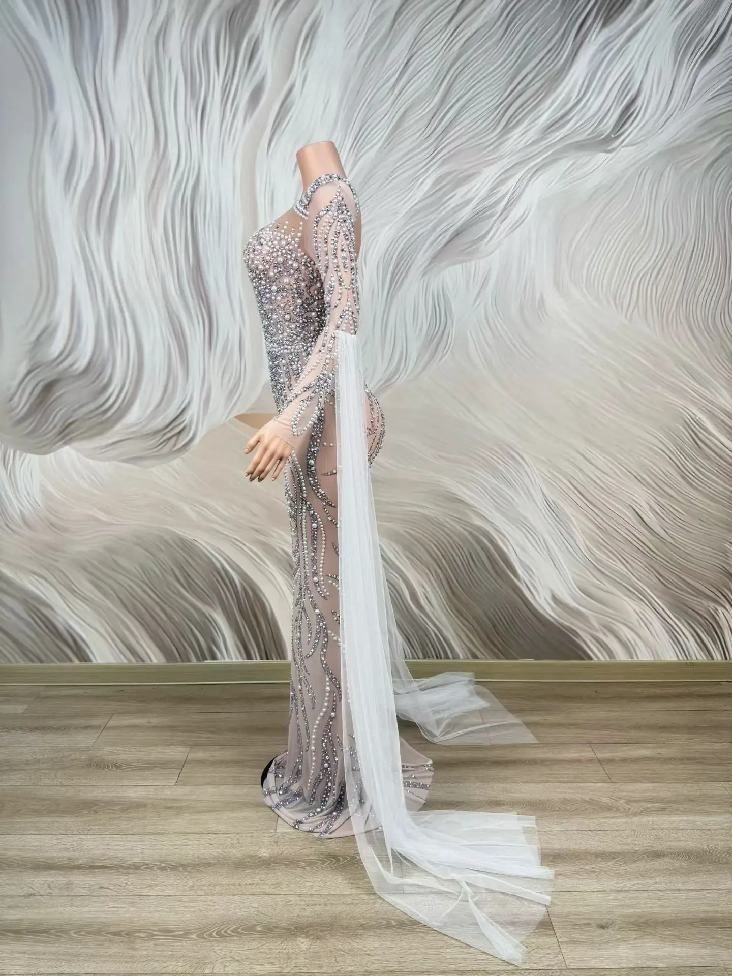 Baiye Nude Mesh Long Sleeve Evening Gown with Silver Rhinestone Pearl Wave Patterns and Flowing Tulle Cape for Formal Occasions
