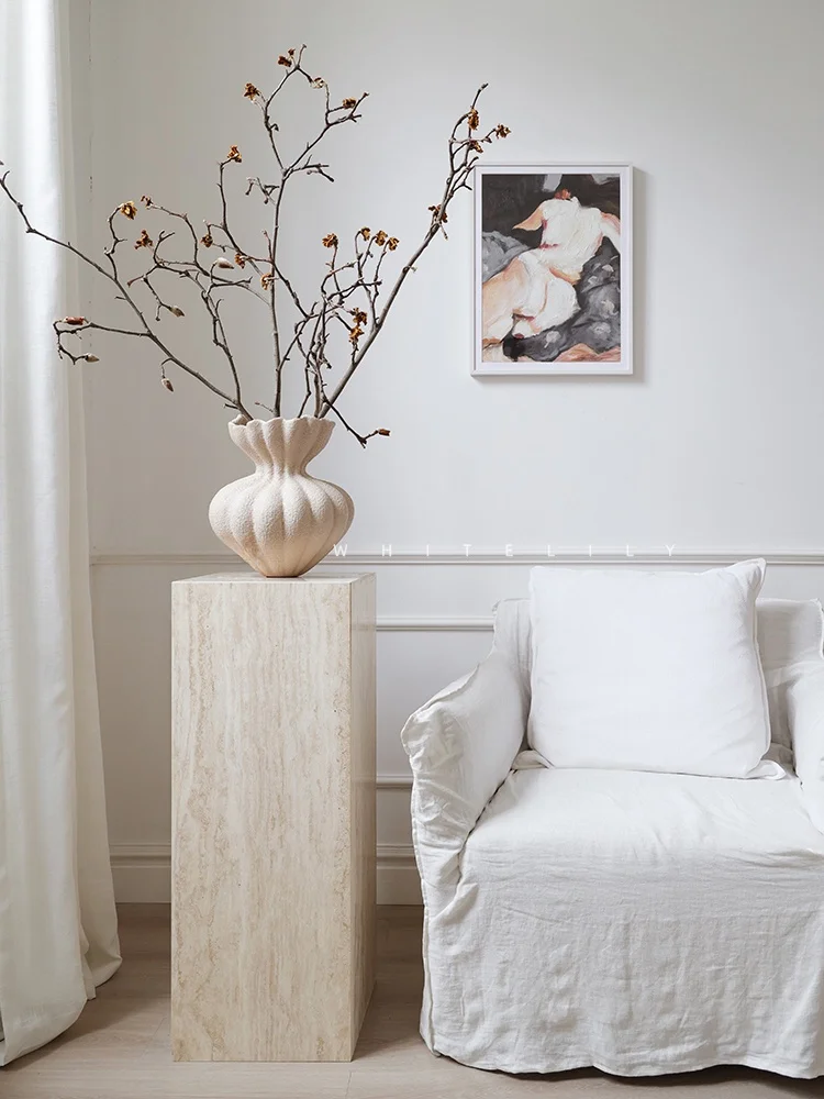 

Lili White Ancient Style Marble Base Sculpture Column Stone Hole Decorative Stand for Entrance Hall Island Desk Living Room