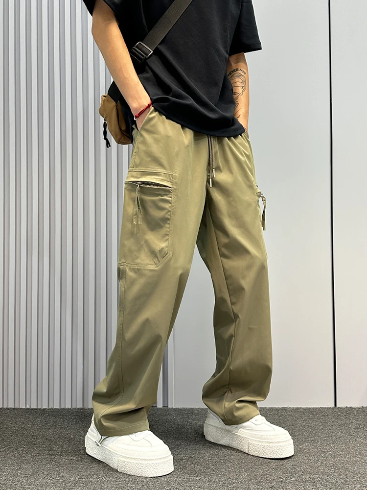 

American Sle Anti-Theft Zipper ket Work Trousers Men Summer Thin Loose Cuffed Commute Casual Straight Umbrella Soldier P...