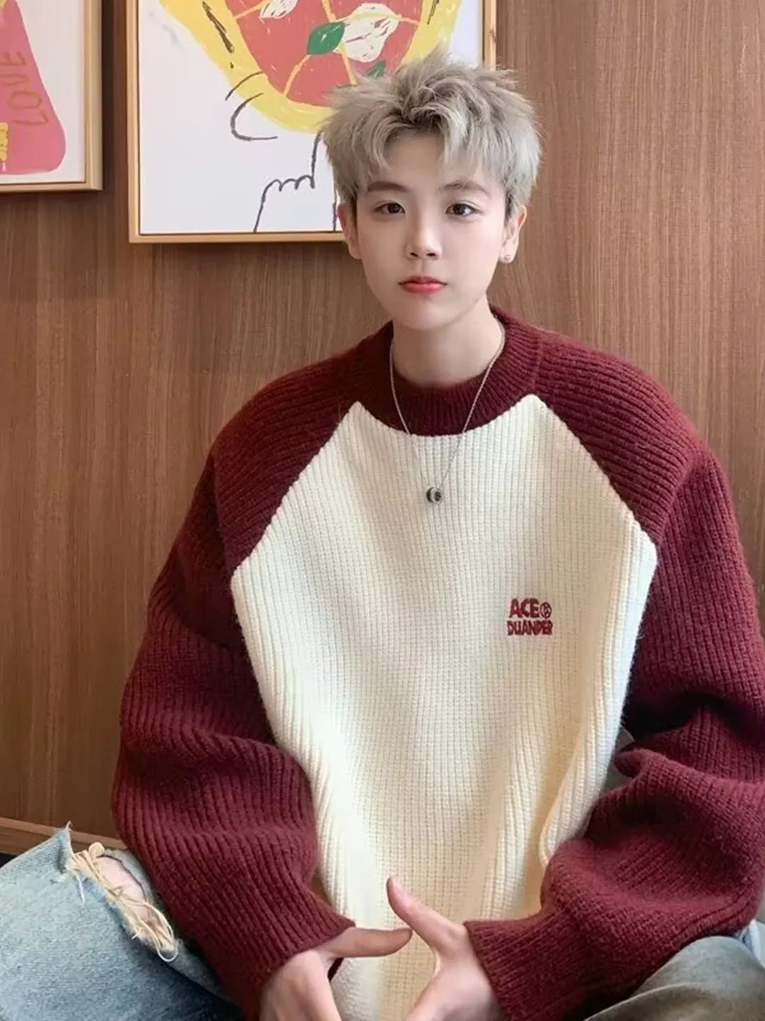 

Oversize Lazy College Sle Men's Knitted Sweater oulder Sve Insert Casual Loose Splicing Retro Japanese Sle Winter Wear