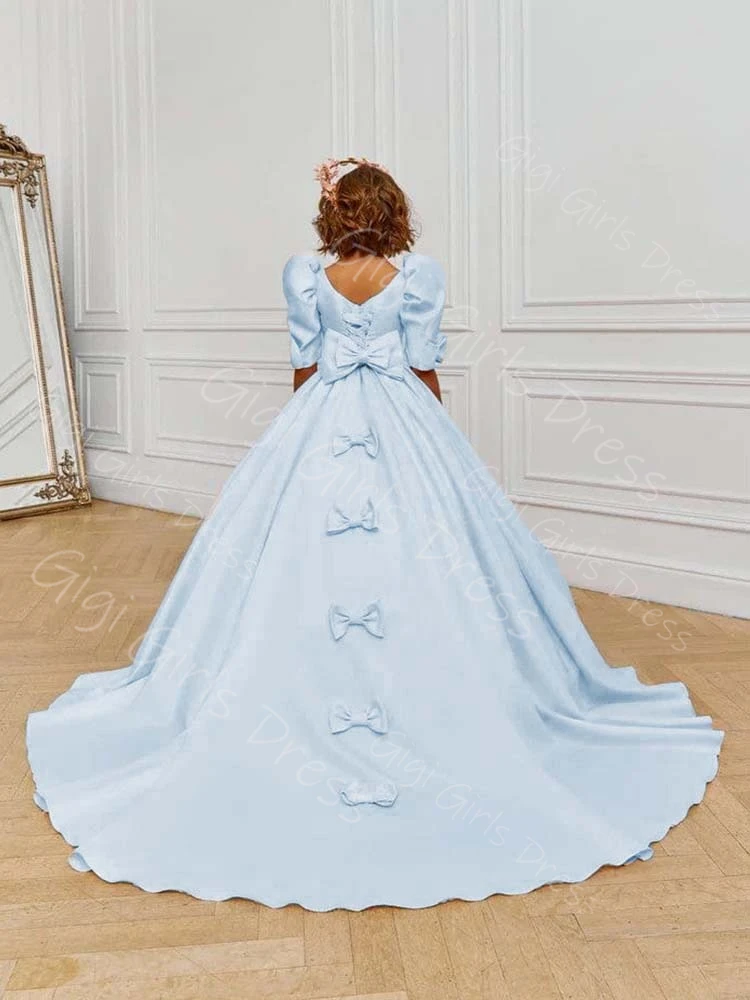 Vestido de comunhão sagrada de cetim rosa com arcos, decote redondo, mangas bufantes, trem de escova, vestido de menina de flor, vestido de festa de casamento personalizado para crianças