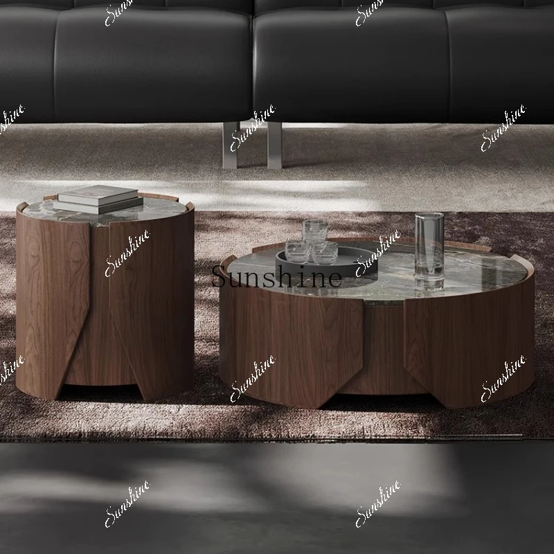 Supercrystalline stone round household living room movable solid wood rock slab coffee table  FT