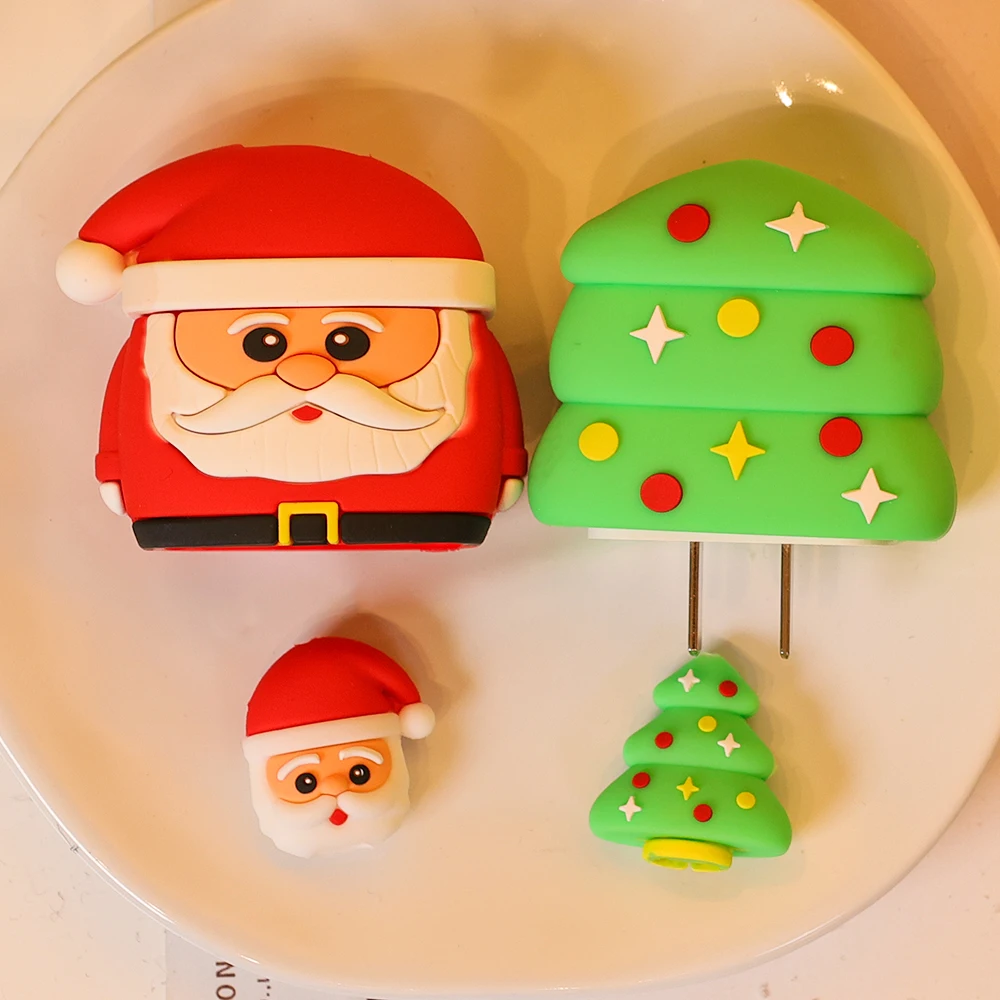 Christmas Cartoon Santa Tree Charger Protector Sleeve for Apple 18/20W Power Adapter Silicone Case Anti-break Spiral Cable Saver