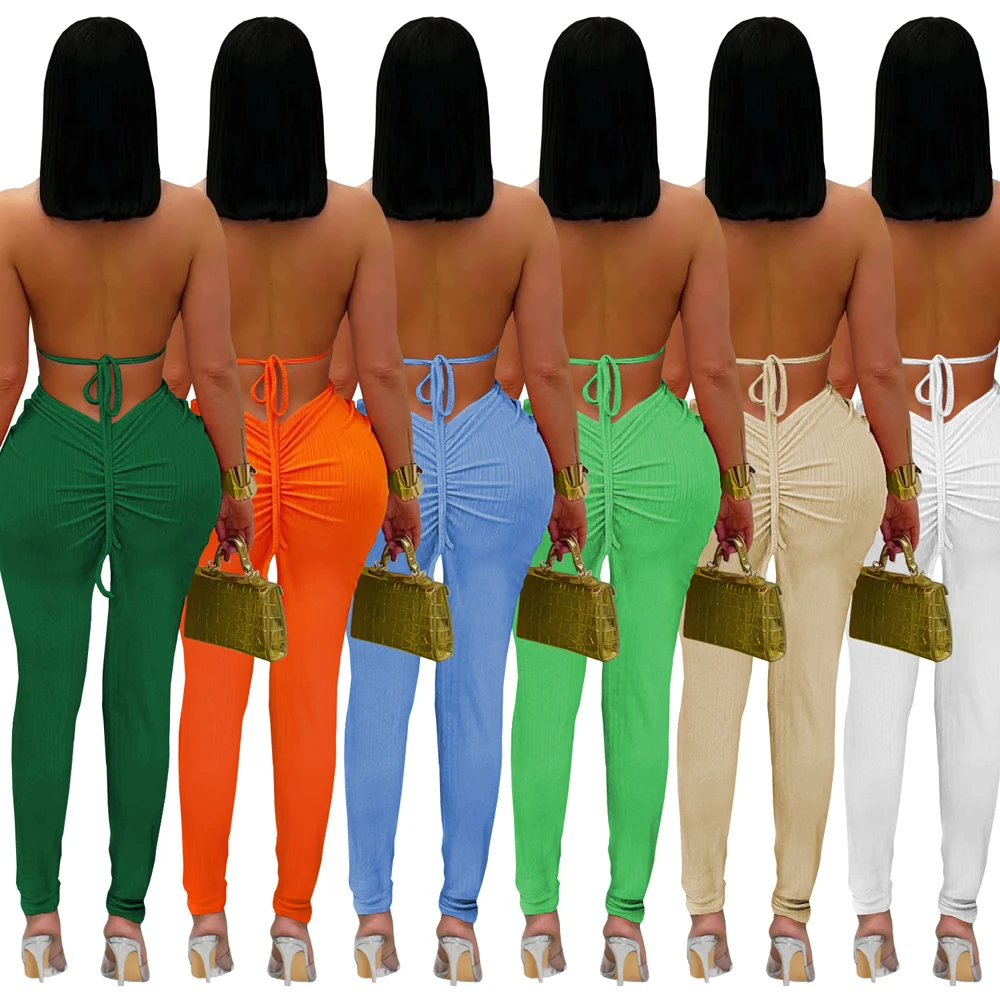 Fashion Women Casual Sexy Halter Neck Ribbed Ruched Backless Leggings Jumpsuit 2025 Summer One Piece Club Wear Party Outfits