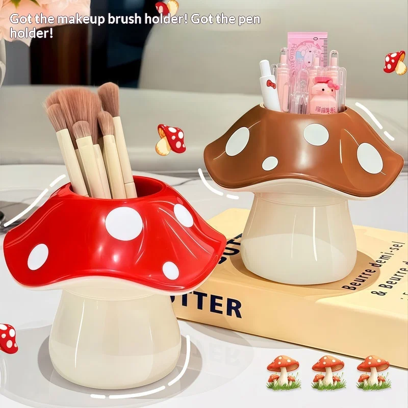 Cute Mushroom Makeup Brush Holder Desktop Stationery Organizer Creative Pen Storage Container For Office Home Vanity Decor Gift