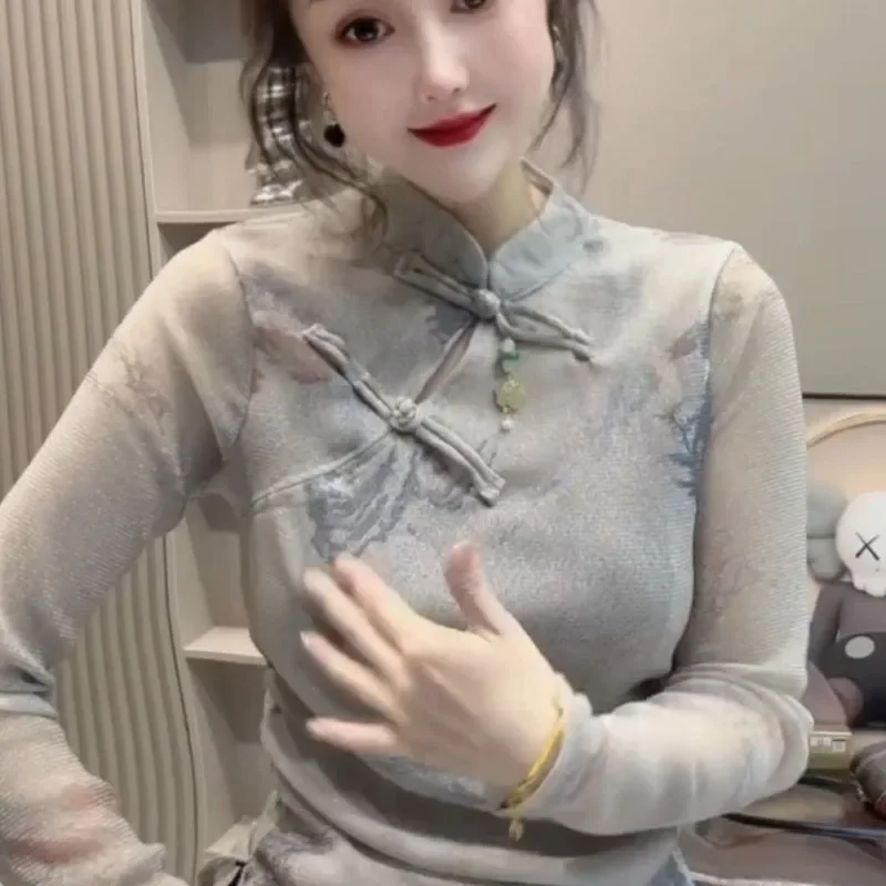 

T-shirt Women's Slimming New Chinese Style Top Design Stand Collar Tie Dye Shirt New Long Sleeve