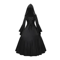 Gothic Medieval Dresses Retro Fashion Big Swing Long Sleeve Lace Up Hooded Dress Lace Flare Sleeve Dress Halloween Costumes
