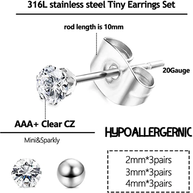 WKOUD 18 Pairs Hypoallergenic Small Stud Earrings Women Men Stainless Steel Ball Stud Earrings Set Cartilage Piercing Jewelry