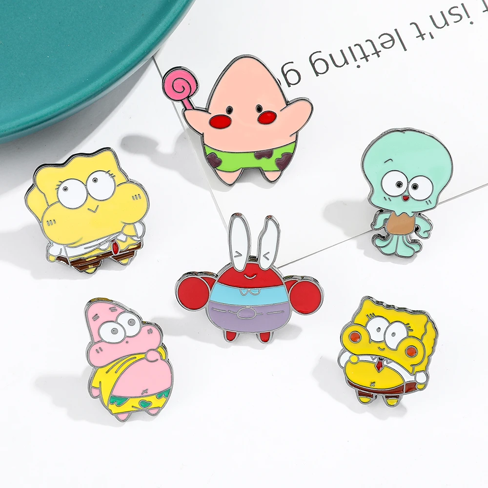 Spongebob Brooch Cute Cartoon Metal Anime Patricks Stars Garys Decoration Jewelry Kids Girls Coat Enamel Lapel Pin Badges Gift