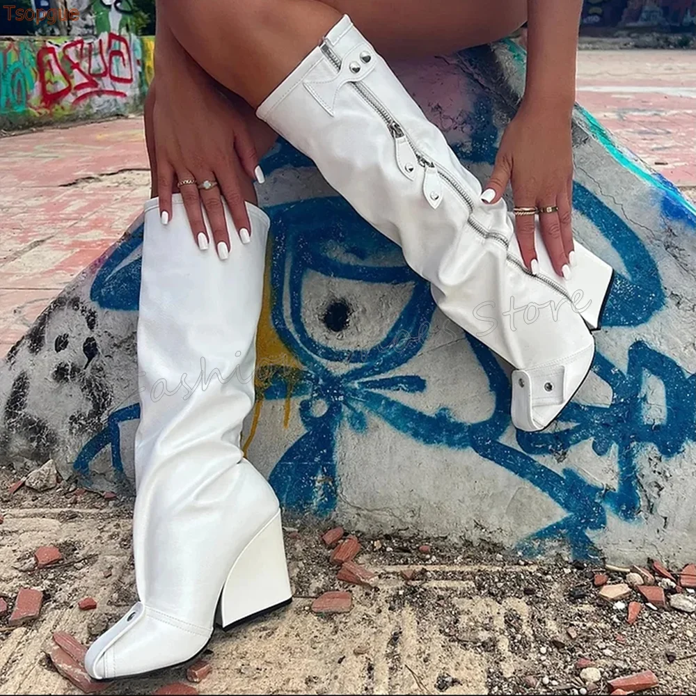 

White Zipper Decor Square Toe Boots Matte Leather Chunky High Heels High Heel Shoes for Women Heels 2025 New Zapatos Para Mujer