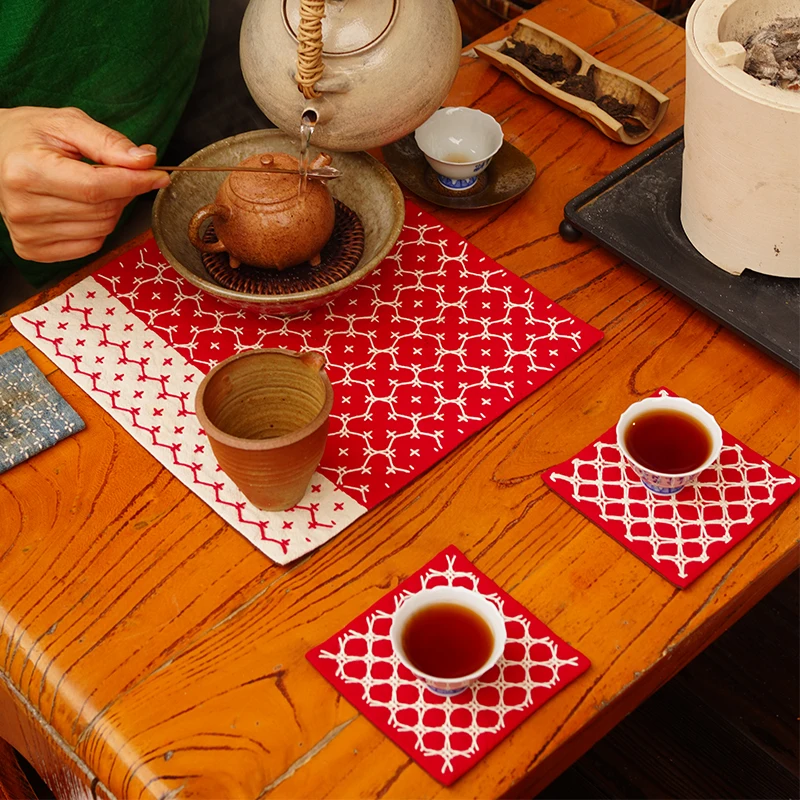 

Embroidery Red Tea Party Coaster, A Set + Tissue Bag, The Same Material Bag