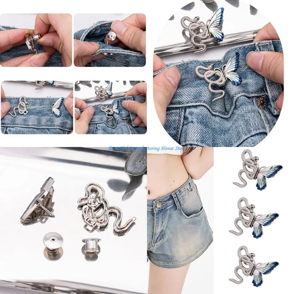 E56A Snake Butterfly Waist Tightener Clip Set Of 3 Waist Adjusting Pin For Loose Jeans Pants Fitness Pin Waist Decoration