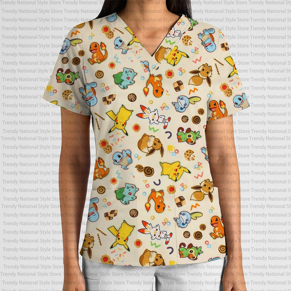Summer Pokémon Print Pet Shop Clothing Fashionable Commuter Surgical Gown Top Women's Medical Surgical Gown V-neck T-shirt view 4