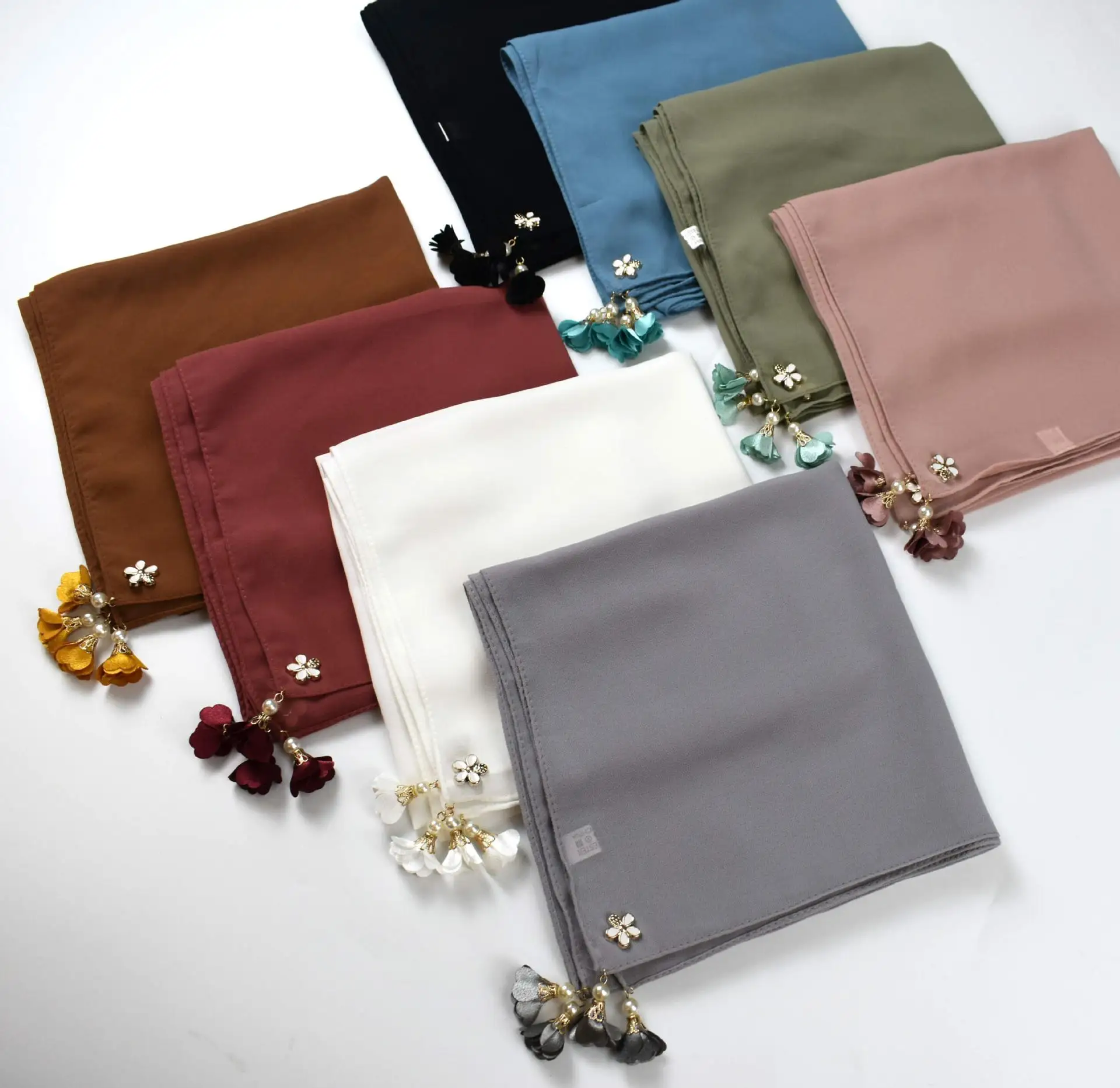 New Islamic Solid Pearl Chiffon Square Scarf 90*90cm Headband Ins Fresh Muslim Scarf Hijab Chiffon