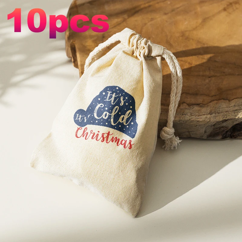 10PCS Christmas Blessing Quotes Drawstring Storage Bag Canvas Candy Bag, Reusable Bag, Household Item Classification Bag