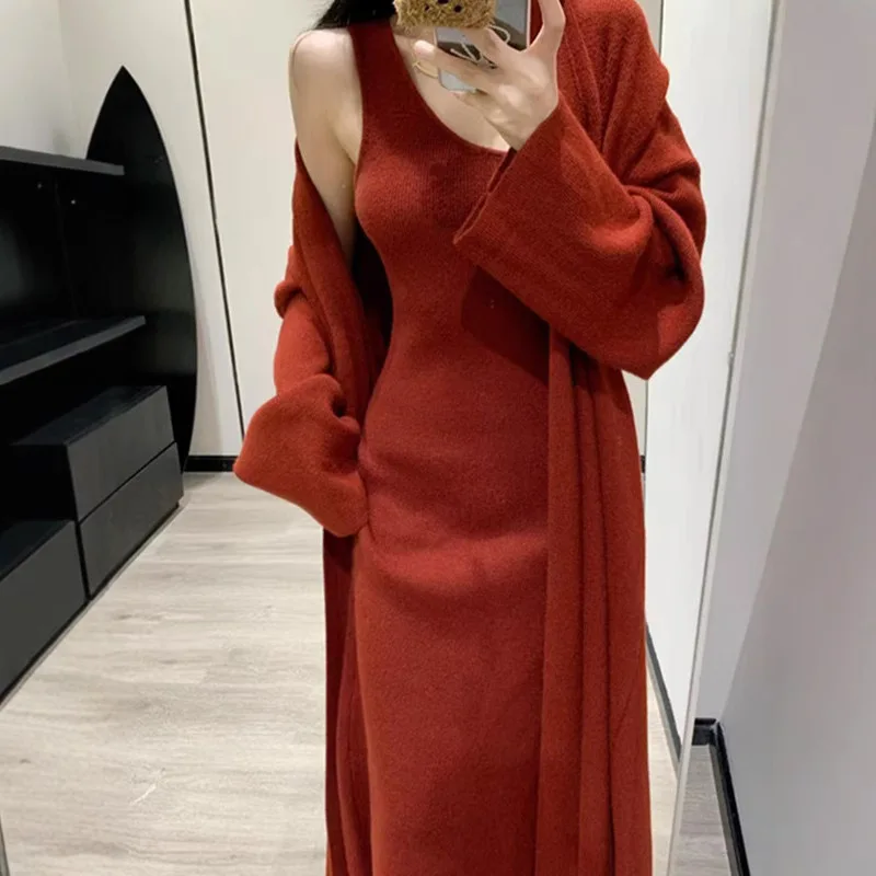 

Two Pieces Women Knitted Dress Sets Solid Matching Sets Ankle Length Slip Dress Open Stitch Long Coat Loose 2025 Autumn Winter