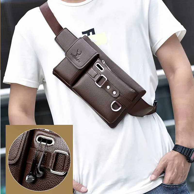 Casual Men\'s Leather Chest Bag Multifunctional Crossbody Messenger Bag For Men Luxury Waist Pack Waterproof Waist Phone Bag