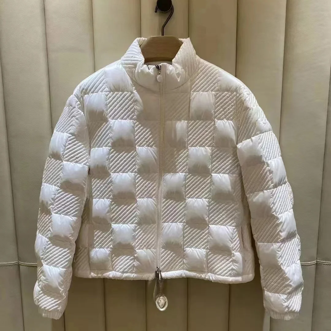 

Lightweight Loose Fit Plaid Stand Collar Short down Jacket Street Style White Goose down Puffer Coat Thin Fashionable Women's...
