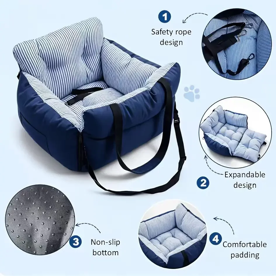Blau-gestreifter Hunde-Autositz mit Sicherheitsgurt, waschbarer, stoßfester Reisesofa für Hunde und Katzen – Detail 7