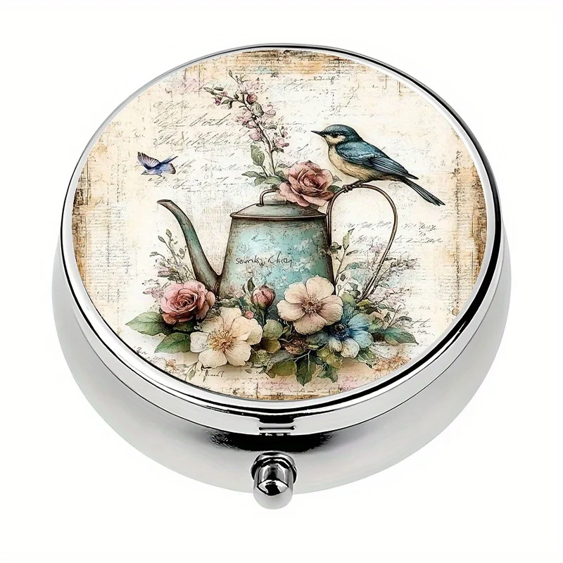 A 3-compartment pill box with a vintage floral and bird theme, a mini pill container, pill organizer, decorative metal storage box for storing medication and vitamins