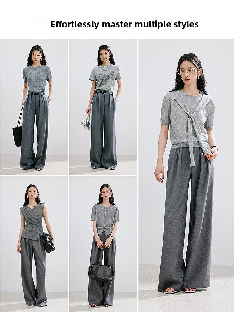 ay Pantaloni a gamba larga Pantaloni casual Pantaloni larghi da donna Estate 2025 Faion Pantaloni lunghi comodi Coreano a vita alta Polye...