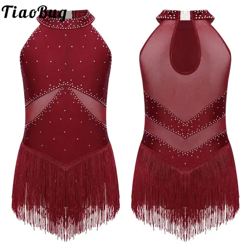Niños Niñas Ballet gimnasia flecos danza leotardo vestido brillante diamantes de imitación malla transparente patinaje sobre hielo mono Ropa de baile