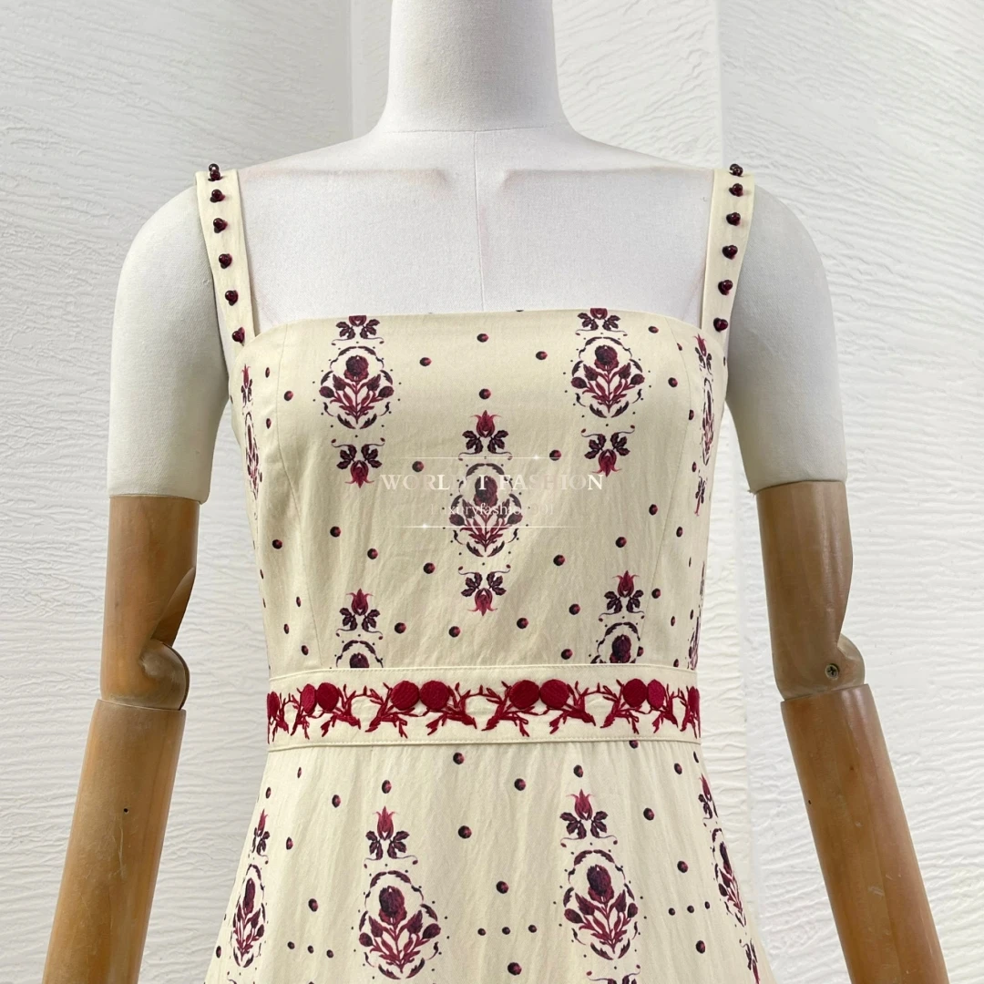 Beige Embroidery Floral Print Sleeveless Sling Women's Summer Dress Viscose