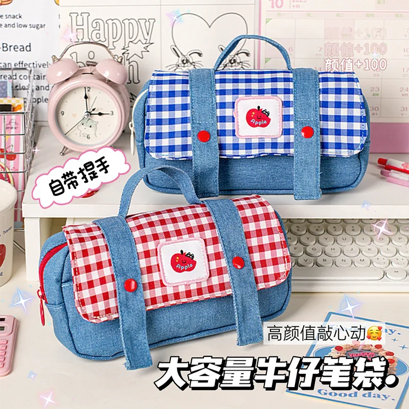 

Cartoon Apple Cowboy Pen Bag Handheld Large Capacity Pen Bag Cute Girl Student Stationery Bag School Supplies