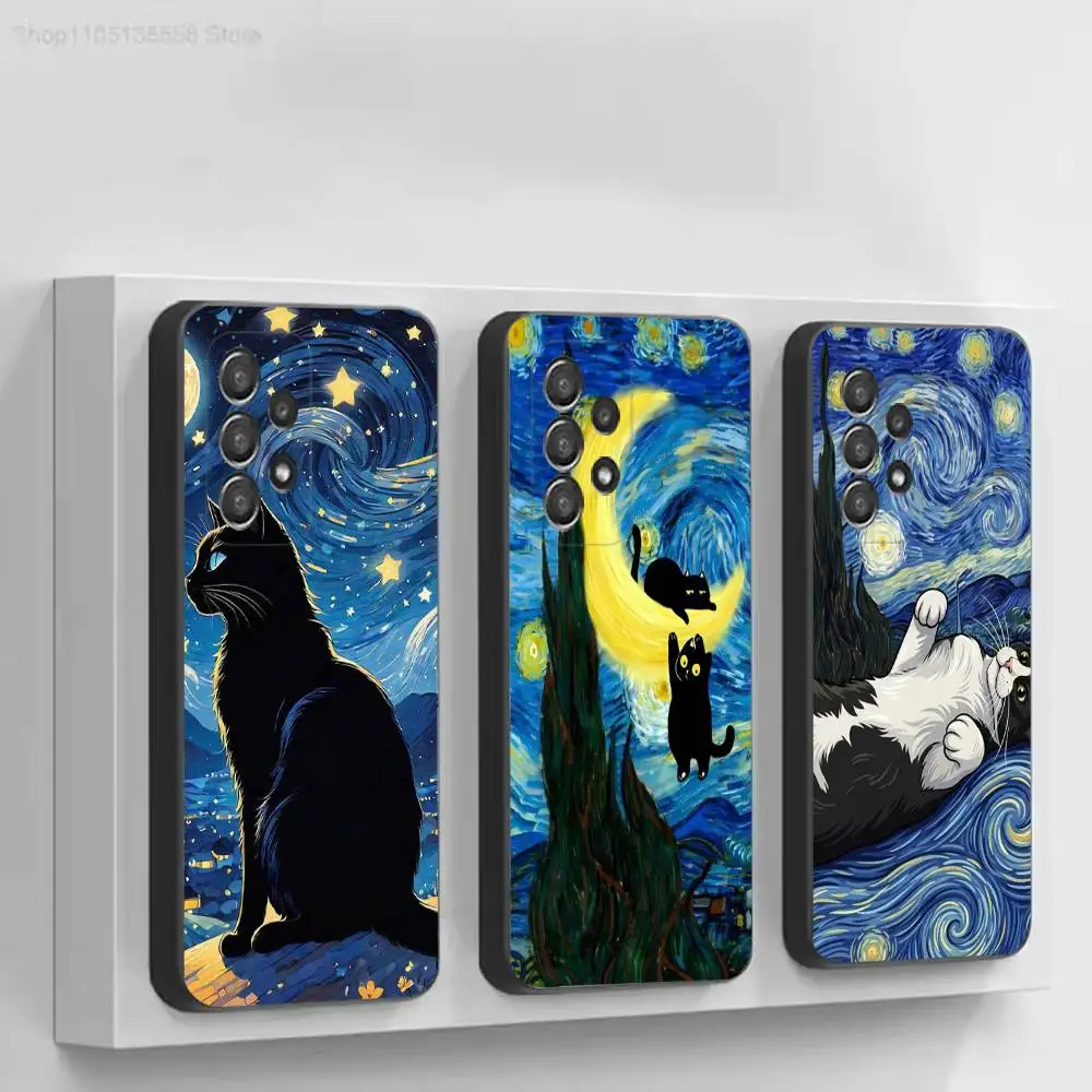 V-Van ART G-Gogh Funny Cat Black Protective Cell Cover For Samsung S26 25 24 23 22 21 20 10 10E Plus FE Ultra Note Soft case