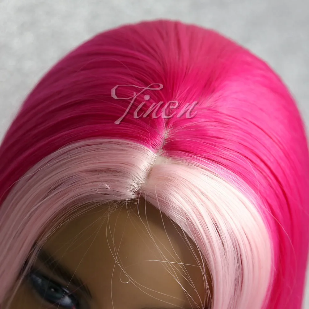 Hot Pink Bob with Baby Pink Highlights No Lace Synthetic Wig Short Straight Wigs