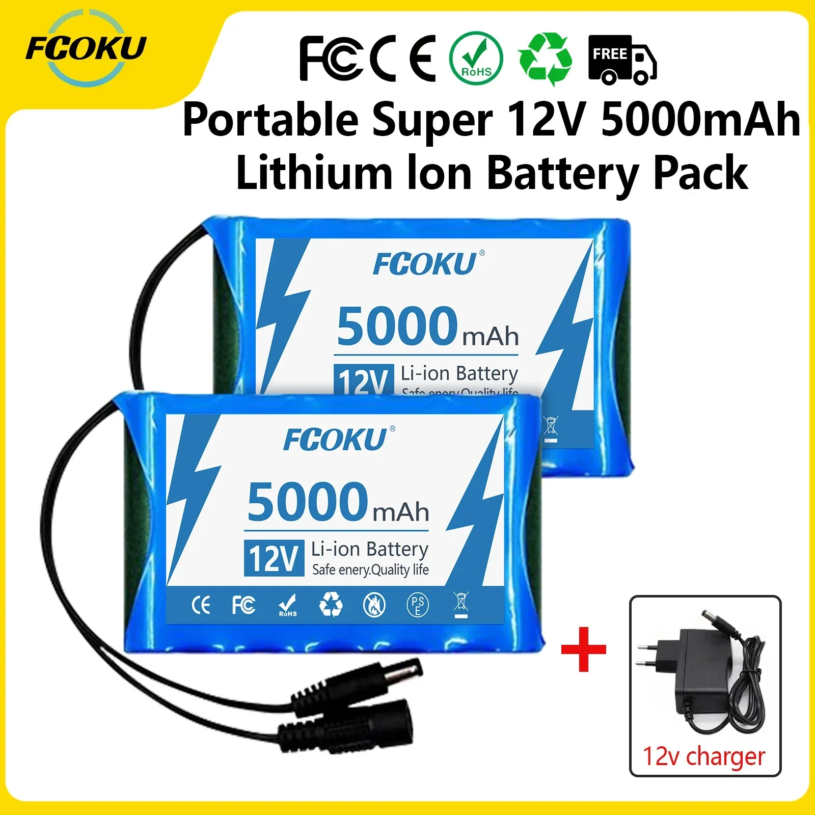 

FCOku Portable 18650 12V 5000mAh Battery Rechargeable Lithium Ion Battery Pack For Electronic Types LED Lamp Light Backup Powe