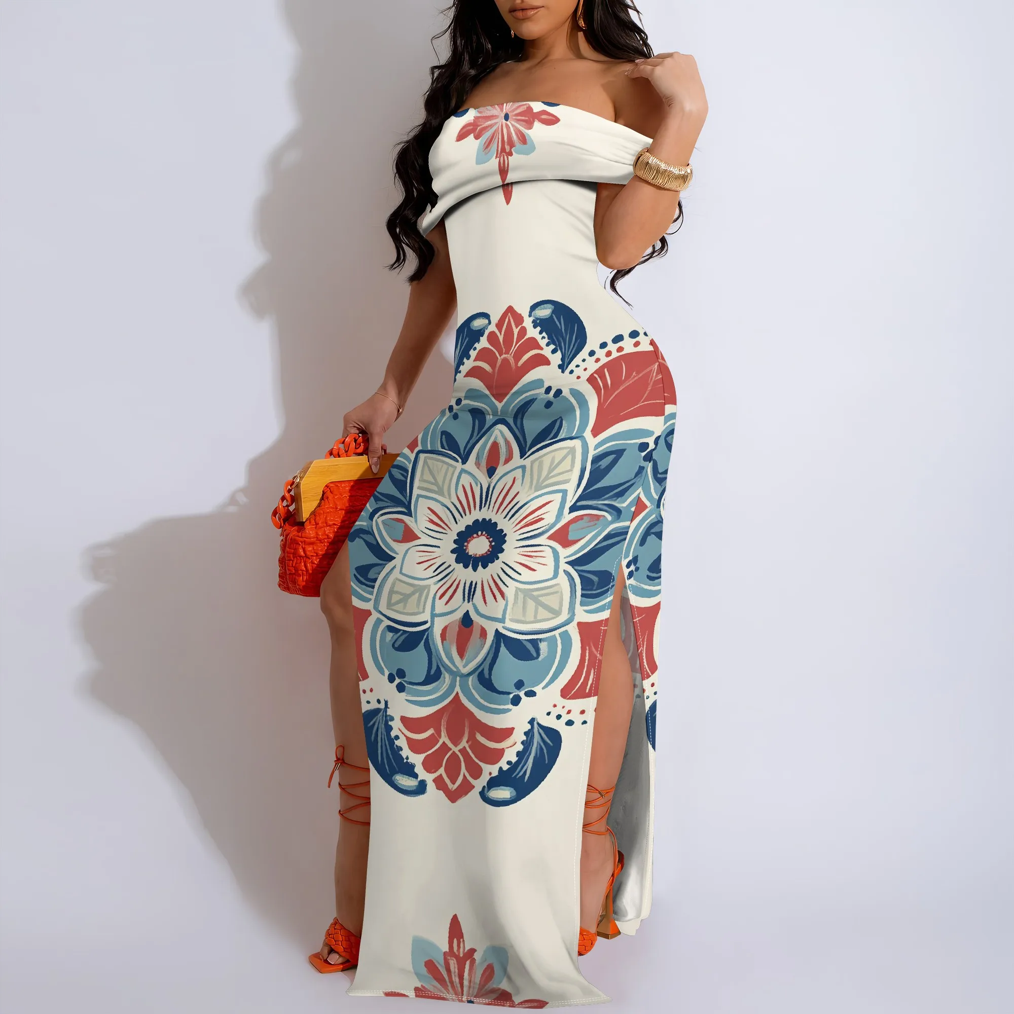 

Women's Summer Fashion Printed Short Sleeve Off-shoulder Splits On Both Sides Maxi Dress for Women Loose Casual Maxi Dress
