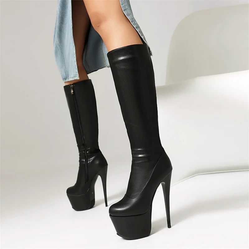 Botas Stiletto Mid-Calf para mulheres, stiletto maduro sexy, salto alto, plataforma, sapatos de festa para senhoras, tira dourada, 15cm, outono e inverno, 2022