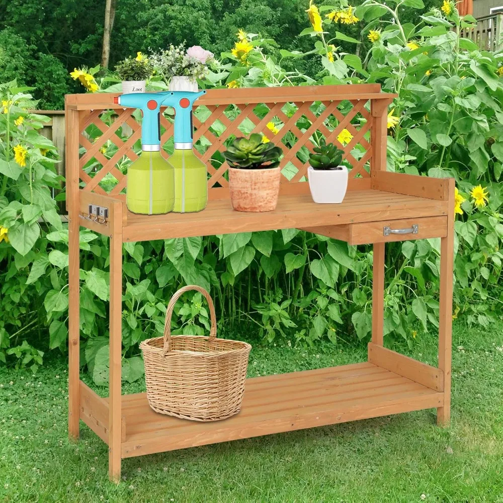 

Wood Garden Potting Bench Table with Cabinet Drawer, Open Shelf, Lower Storage and Hooks for Gardening Supplies