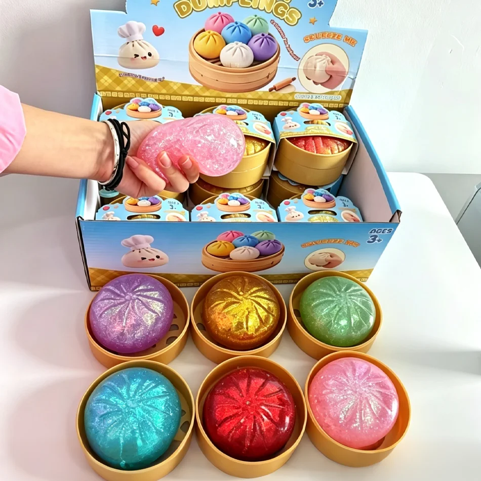 Dumpling Squishies Colorful Glitter Sequin Bun Squishy Simulated Steamer Box Anti‑stress Squeeze Toy Kids Desktop Gift