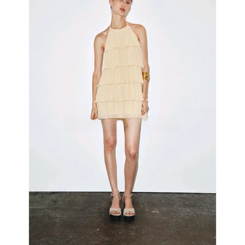 Vestido f novo de verão, gola suspensa, decoração em camadas, costas nuas, versão H, estilo fada, casual, vestido de f...